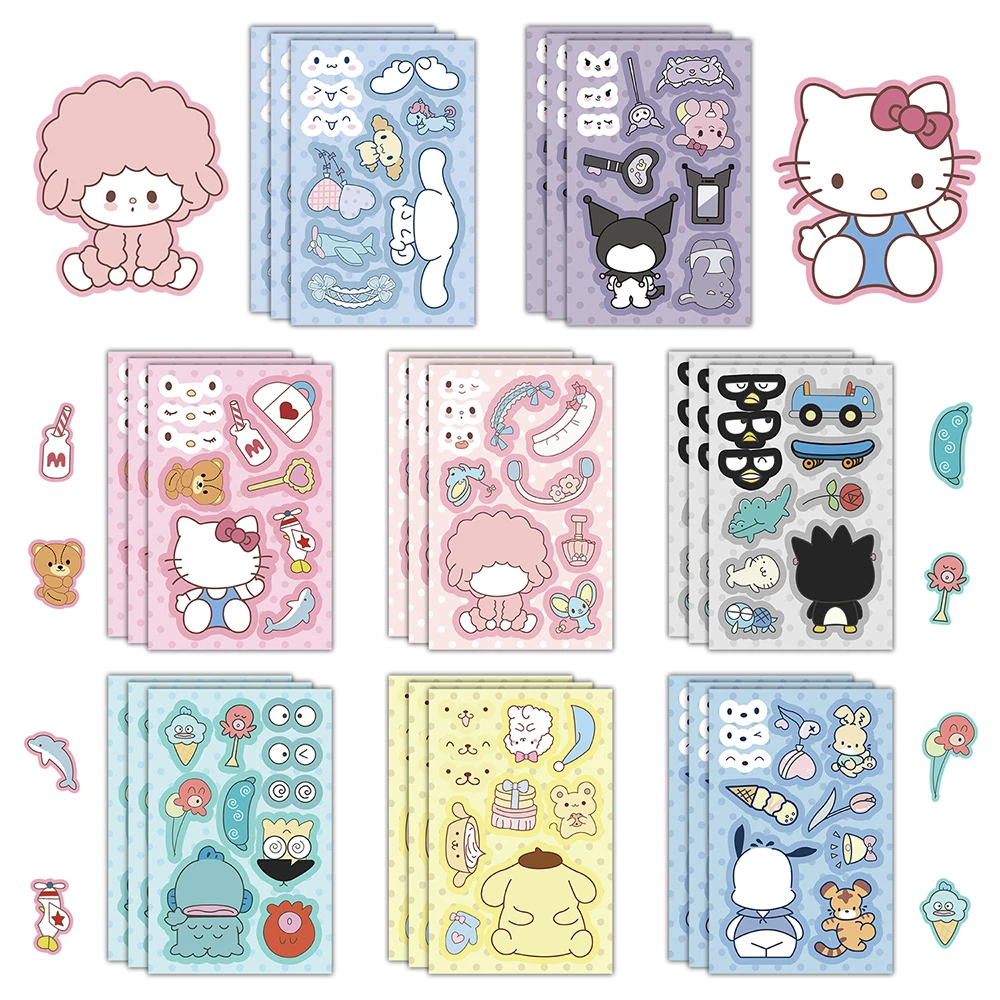 

8/16sheets Cute Hello Kitty Kuromi Sanrio Puzzle Stickers Make a Face Children Party Game Assemble Jigsaw Cartoon DIY Toy Decals