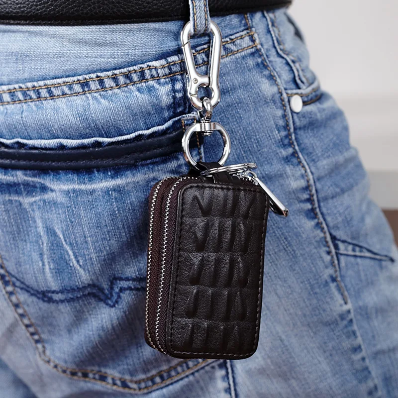 Cartera de cuero genuino para hombre, bolsa de llaves de coche con doble cremallera, funda de llavero de gran capacidad, organizador de carteras pequeñas