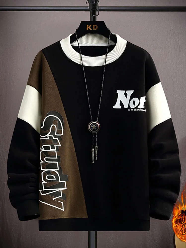

Thickened Fleece Hoodie Sweatshirt for Teenage Boys Autumn Winter Trendy Color Block Polar Fleece Warm Base Shirt Male