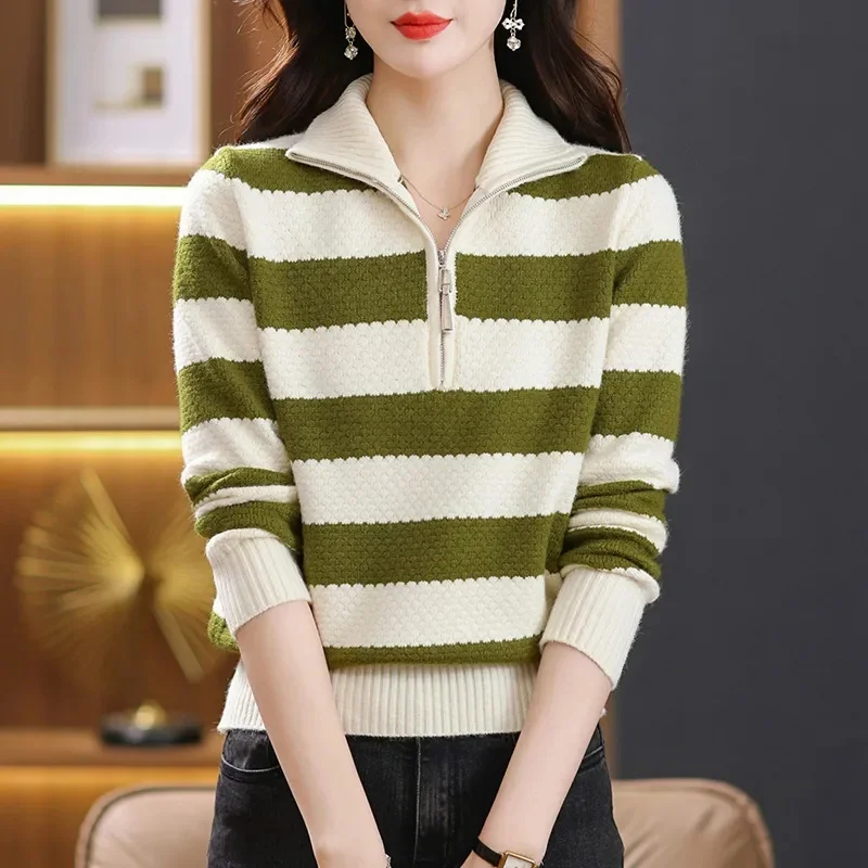 Autumn Winter Female Half Open Zipper Sweater Korean Ladies Large Size 4XL Pullover Knitting Women Loose Fitting Stripe Knitwear