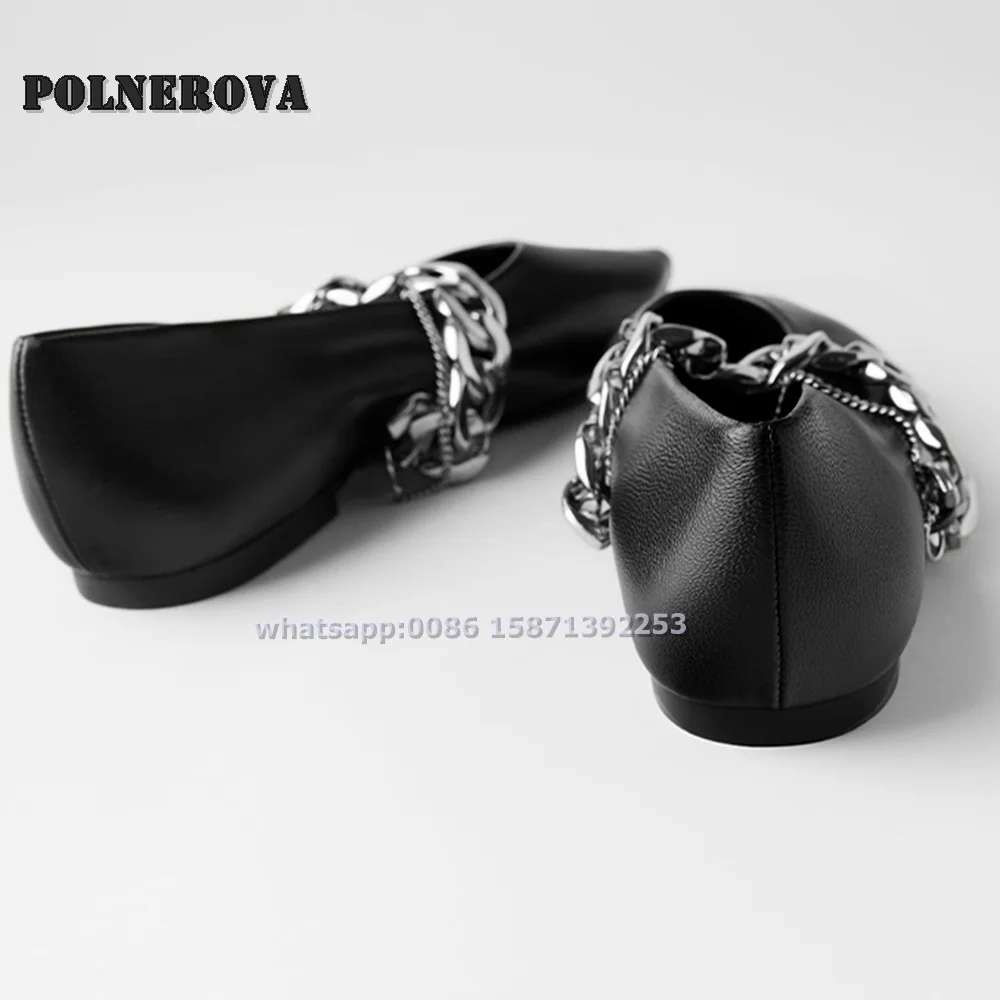 Zapatos de tacón negros con decoración de cadena de Metal, calzado plano de punta estrecha, sin cordones, sólido, informal, cómodo, novedad de 2024