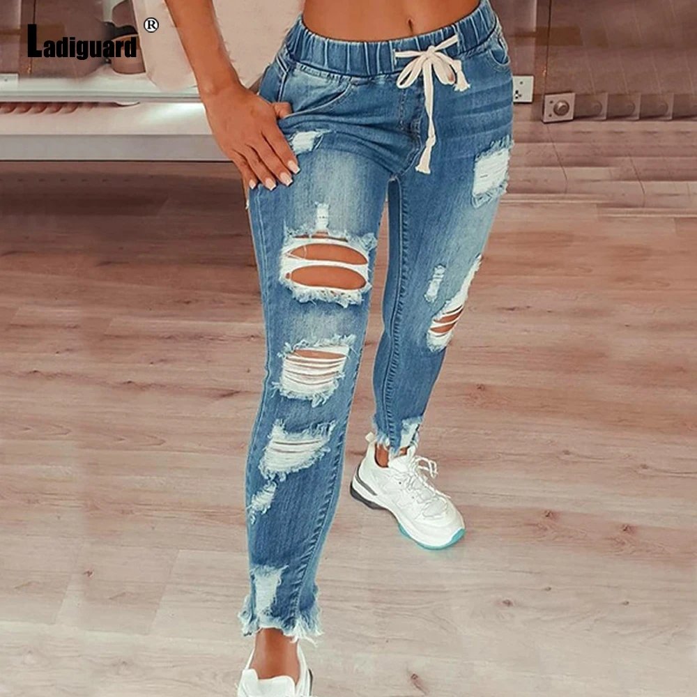 Large Big 5XL Women Sexy Hole Ripped Jeans Demin Pants 2023 Spring Femme Mid Cut Jean Bottom Womens Elastic Waist Denim Trousers