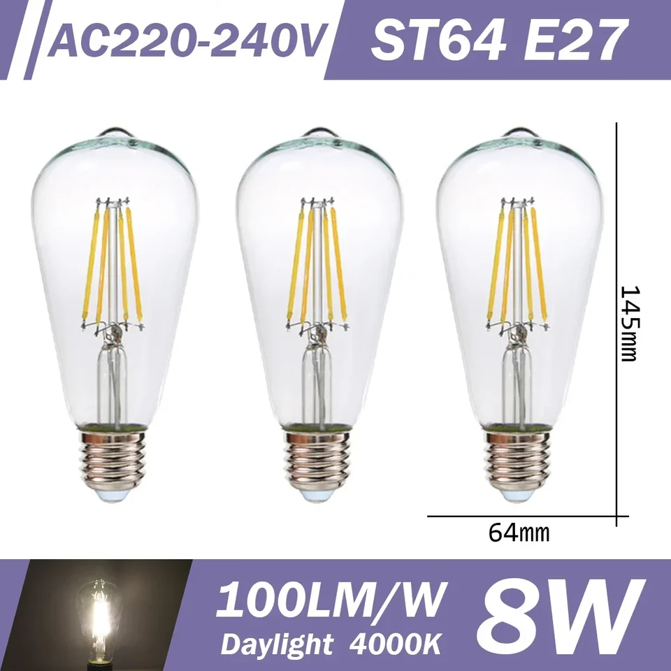 3pcs Retro Led Light Bulb E27 B22 E14 C35 A60 ST64 AC220-240V Edison Filament Bulb Vintage Warm Glass Lamp Lighting Indoor Light, image 21