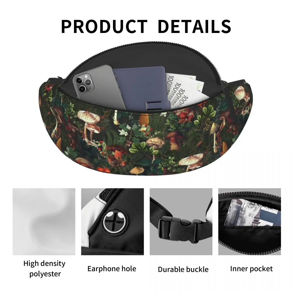 Vintage Night Mushrooms Fanny Pack para viagens Caminhadas Homens Mulheres Botânico Forest Garden Crossbody Cintura Bag Telefone Money Pouch