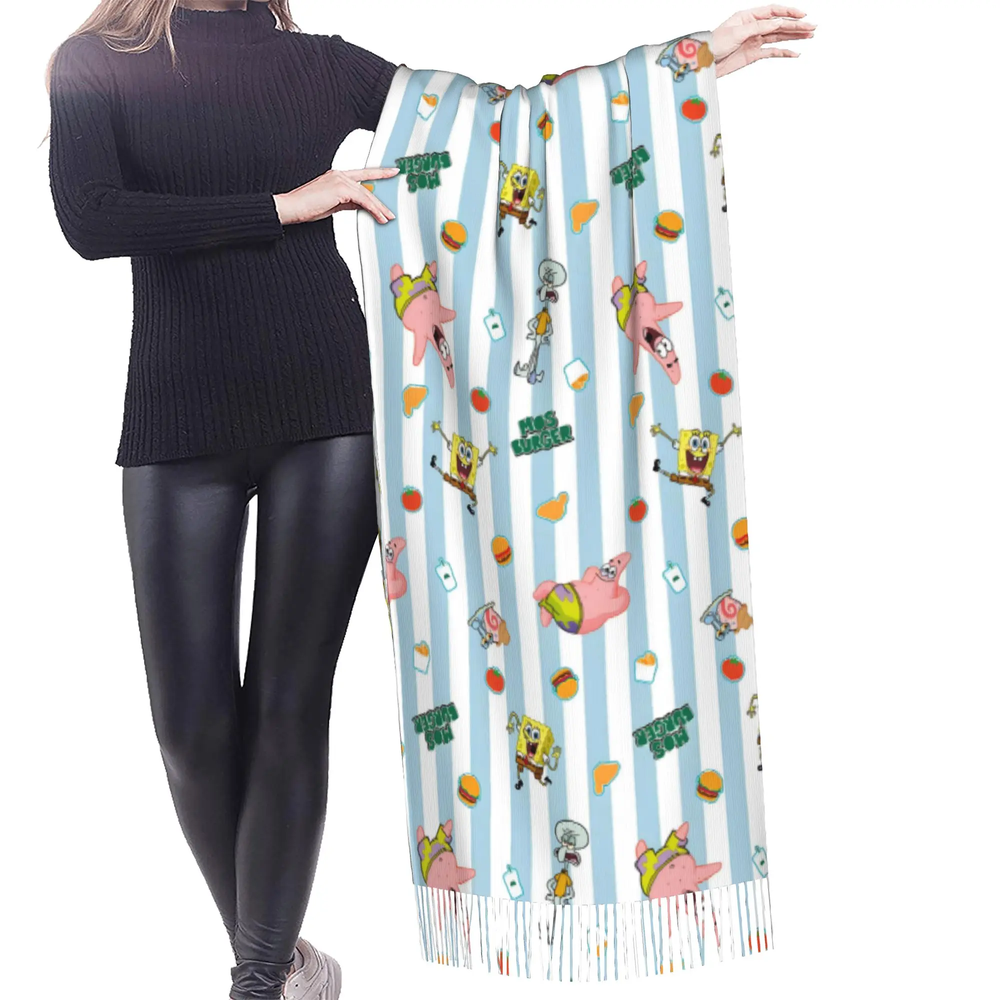 Custom Ladies Large S-Sponges Anime Bobes Scarves Women Winter Fall Soft Warm Tassel Shawl Wrap Starfish Cartoon Scarf