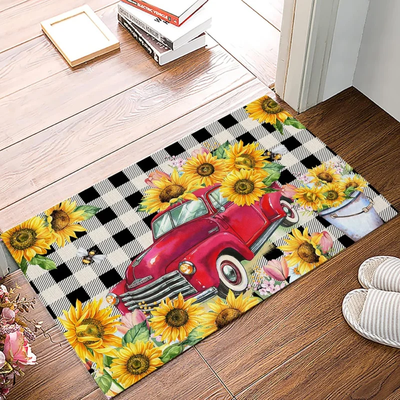 Anti slip door mat, absorbent welcome mat, sunflower retro red truck water buffalo pattern front door mat, dustproof and durable