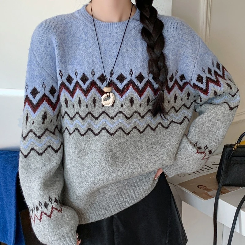 

REALEFT, осенне-зимние винтажные вязаные женские пуловеры с принтом, корейские повседневные свободные свитера с длинными рукавами и круглым вырезом, новинка 2023 года