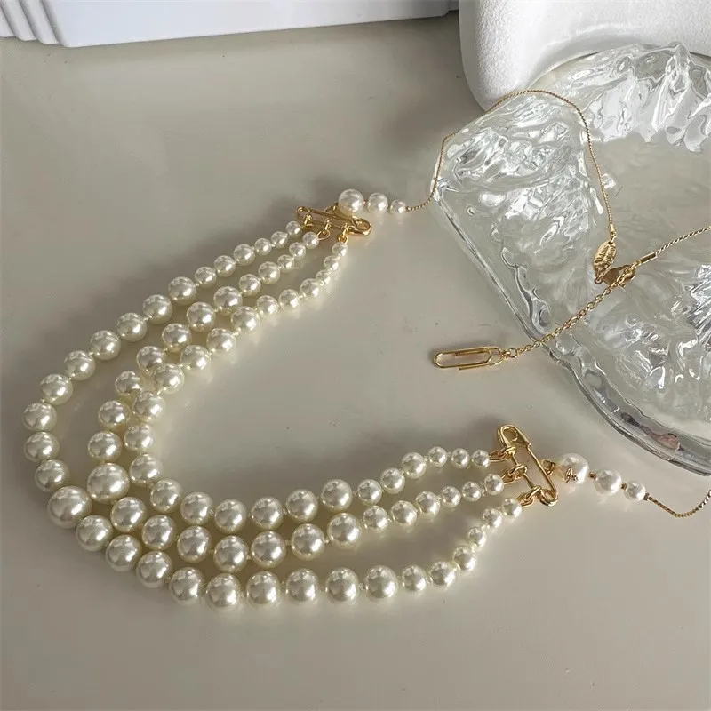 

S925 Sterling Silver Triple Pin Pearl Saturn Necklace Gala Wedding Pearl Accessories Luxury Temperament