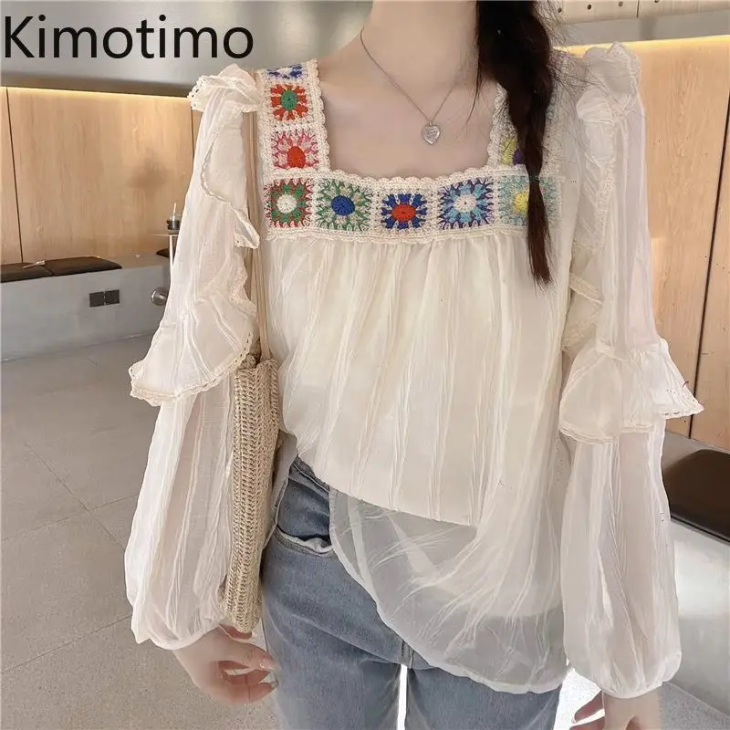 

Kimotimo Flower Embroidery Square Collar Chiffon Tops Women Spring Sweet Loose All Match Blouses Vintage Casual Vacation Shirts