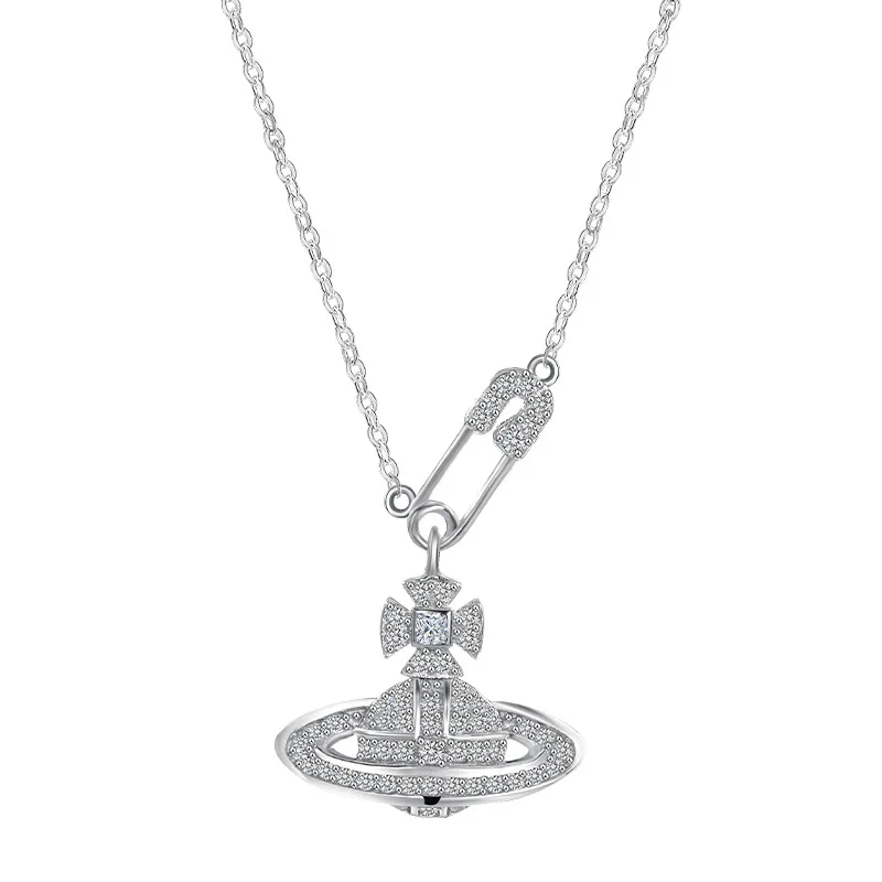 

Kitykiss S925 sterling silver Queen Mother full zirconium pin Saturn shape necklace high quality necklace