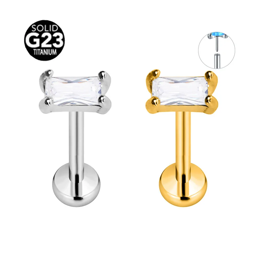 

ASTM F136 G23 Titanium Rectangle CZ Threadless Piercing Pin Push in Lip Stud Daith Conch Tragus Flat Back Earring 16G 18G 20G