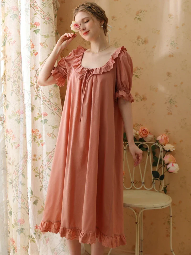 Women Vintage Princess Pajama Night Dresses Sleepwear Spring Autumn Cotton Lace Sweet Girl Fairy Victorian Nightgowns Homewear