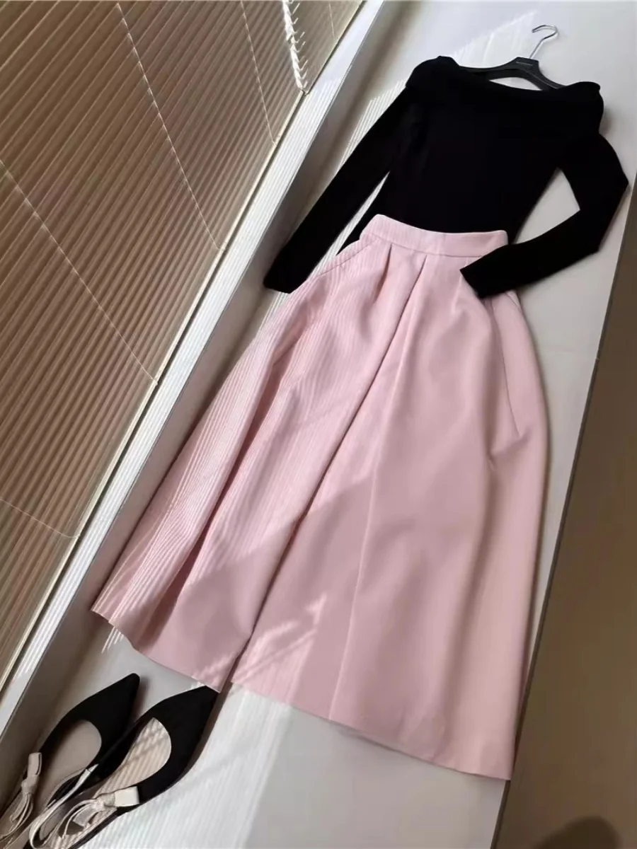 Gonna longuette a trapezio a vita alta rosa Ele Gonna ombrello dimagrante con sensazione di fascia alta da donna delicata primavera autunno