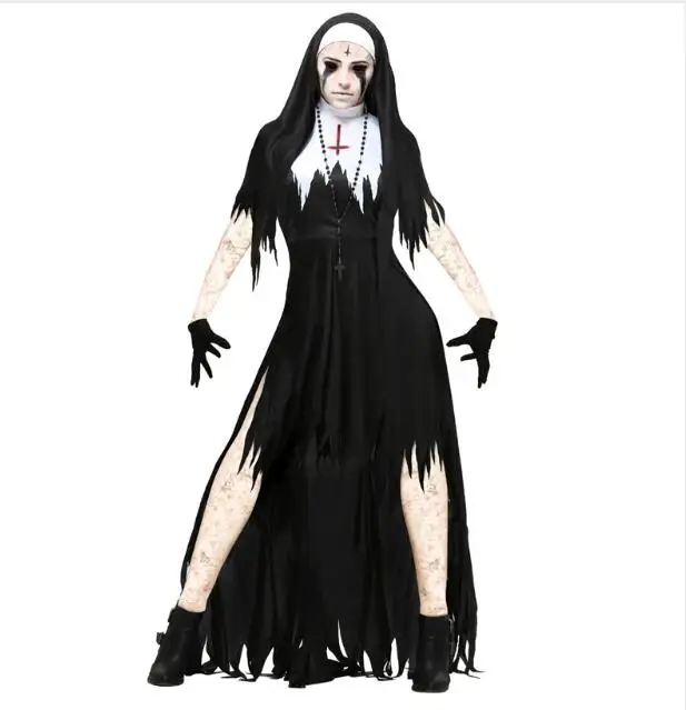 Women's Dreadful Nun Costume Halloween Cosplay Fancy Dress Graveyard Zombie Vampire Witch Costume