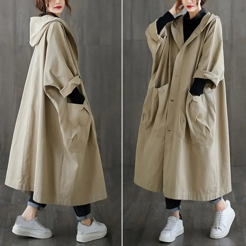 

2024 Spring Autumn Trench Coat Woman Korean Single-Breasted Mid-Long Women Trench Overcoat Khaki Windbreaker Pocket Female