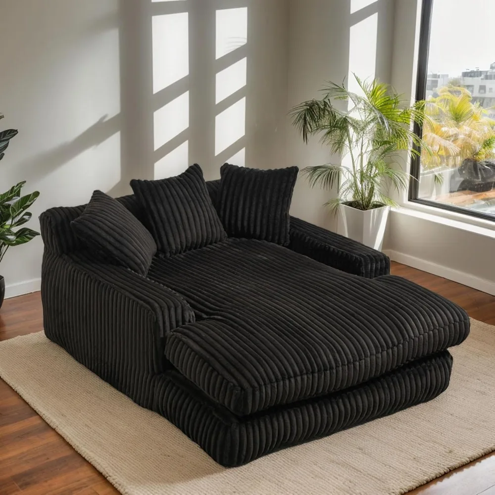 Oversized Chaise Lounge Chair Indoor, Corduroy Sleeper Loveseat Sofa with 3 Pillows and Armrest for Living Room Double Cushion