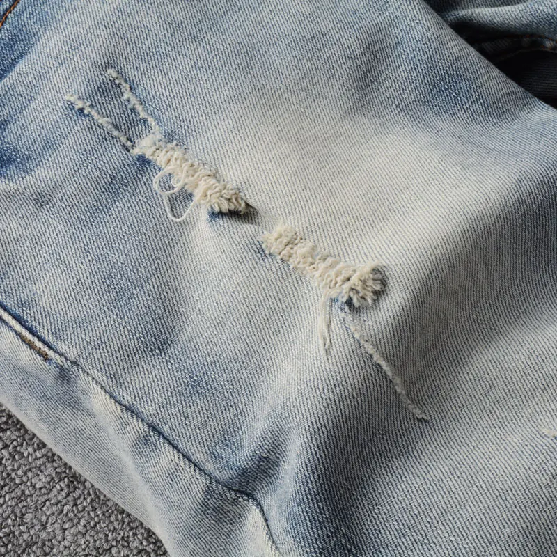 Italian Style Fashion Men Jeans High Quality Retro Washed Light Blue Elastic Slim Ripped Jeans Men Vintage Designer Denim Pants