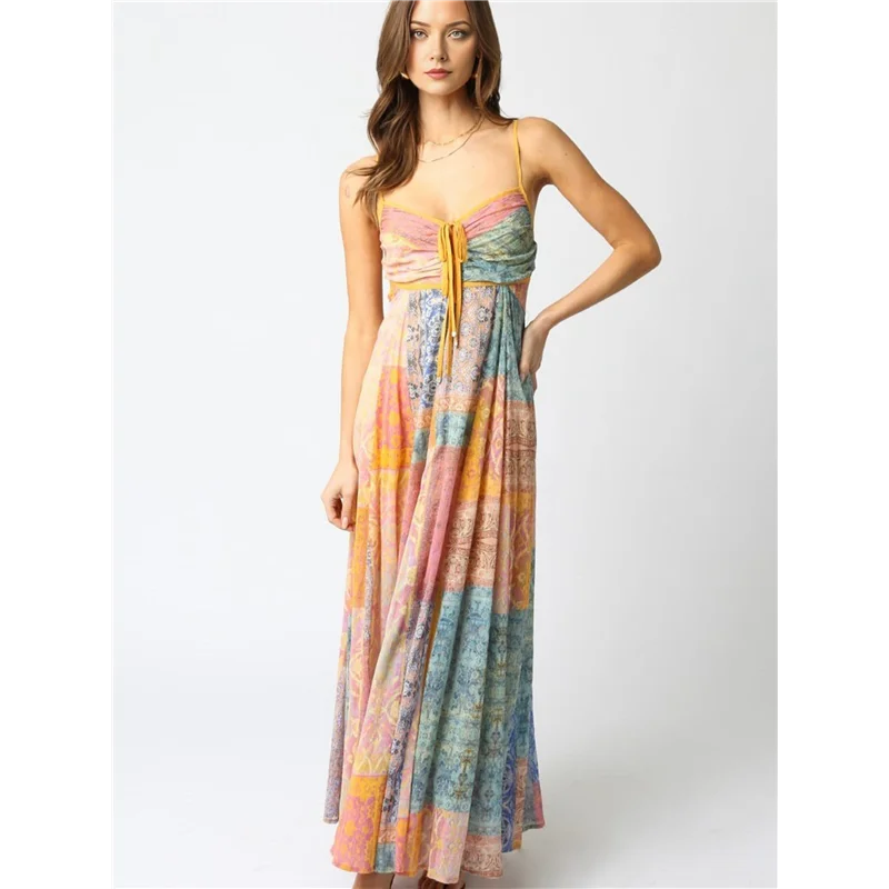 【】Women Floral Smocked Maxi Dress Bow-Knot Spaghetti Straps Midi Sun Dress Boho Casual Beach Long Dresse