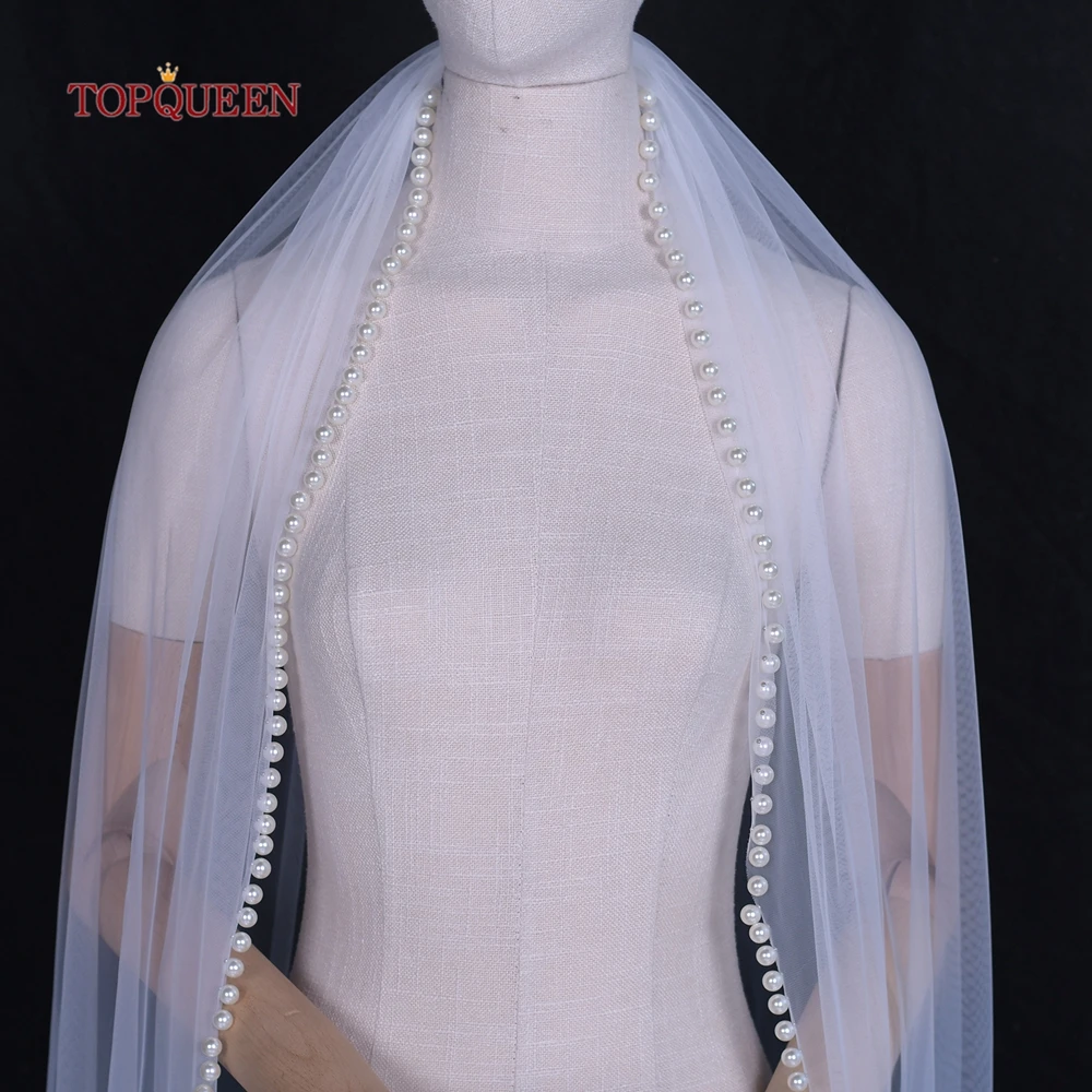 TOPQUEEN Bridal Veil With Large Pearl Edge Drop Wedding Accessory Complementos De Boda Voile De Mariée Perle V119