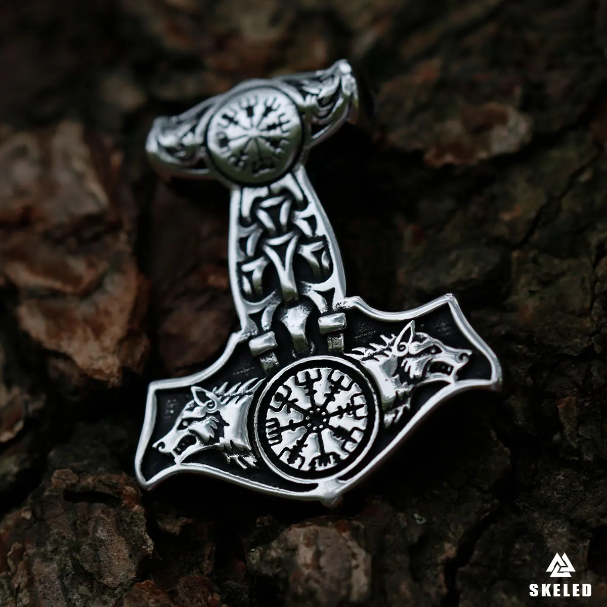 Stainless Steel Double-sided Compass Wolf Viking Thor Hammer Pendant Necklace Men\'s Amulet Nordic Retro Trend Rune Jewelry