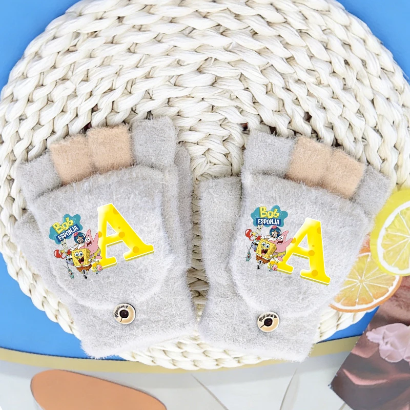 

SpongeBob SquarePants Winter Kid Gloves Girl Boy Half Finger Flip Gloves 4-13 Age Cartoon Letters Print Mittens Birthday Gift