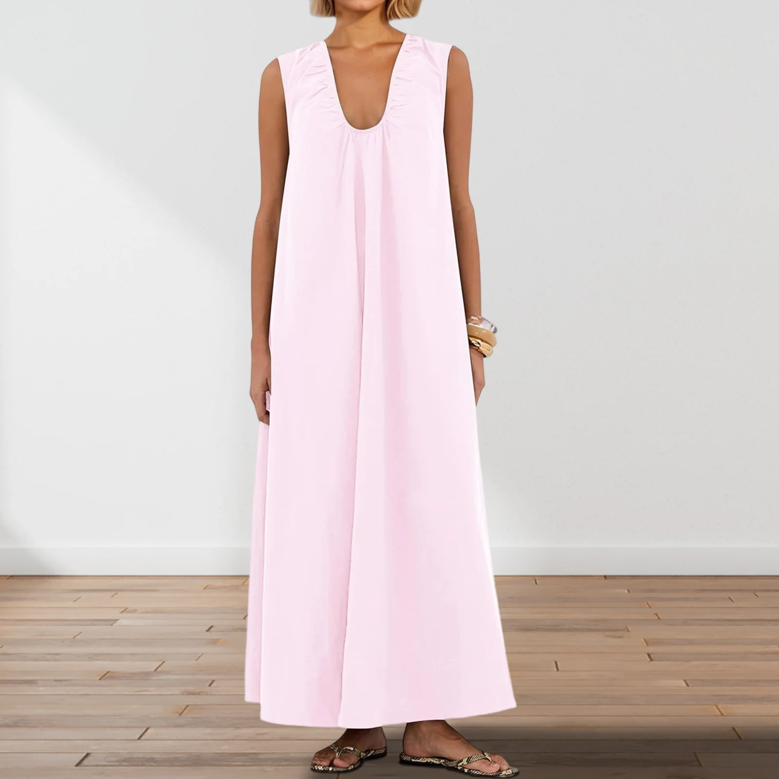 Nowa Modna Damska Letnia Długa Sukienka na Ramiączkach, Jednolity Kolor, Bez Rękawów, Dekolt Okrągły, Marszczenia, Szerokie Ramiona, Luźna Sukienka