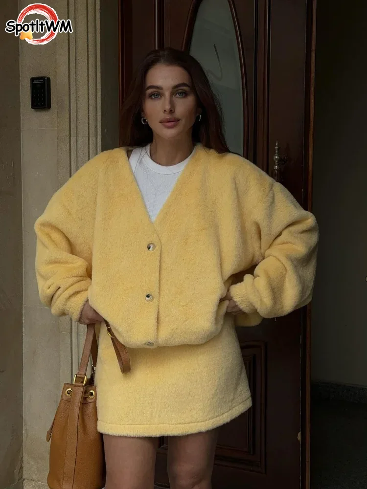 

Chic Yellow Fluffy High Waist Mini Skirt Set Women Loose V Neck Long Sleeve Buttons Sweater Coat Suit Autumn Lady Street Outfits