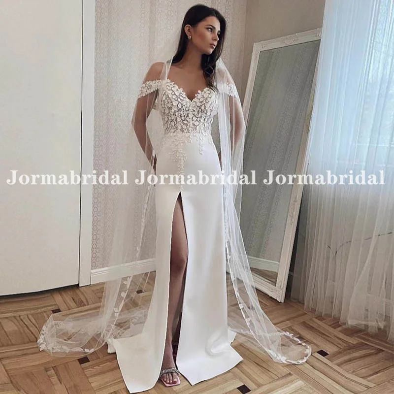 

Front High Slit Beach Wedding Dress with Swag Sleeves Floral Applique Bodice Satin Skirt Long Boho Bridal Dresses for Women 2023