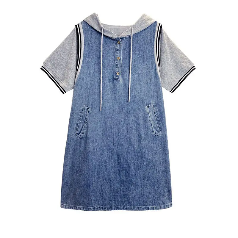 Women Korean Style Denim Patchwork Drawstring Pockets Midi Dress Summer Trendy Casual Streetwear Oversized Y2K Dresses Vestidos