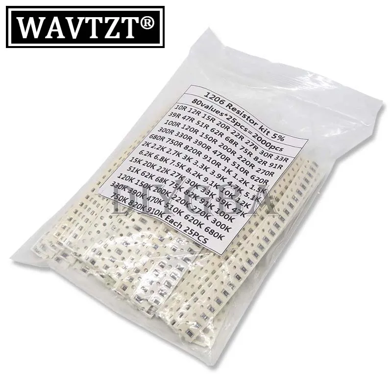 80Values*25PCS=2000PCS 10 Ohm-910K Ohm 1206 SMD Resistor Kit Assorted Set 5% SMD Resistors 10K 470/100/680 Ohm Resistance Pack