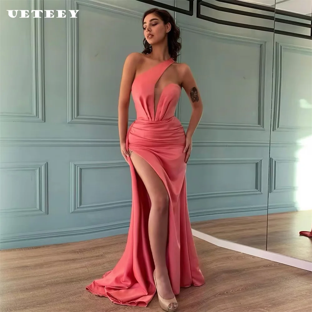 

UETEEY Sleeveless One Shoulder Pleats High Side Slit Satin Mermaid Prom Dress Lace Up Back Floor Length Evening Gown Custom Made