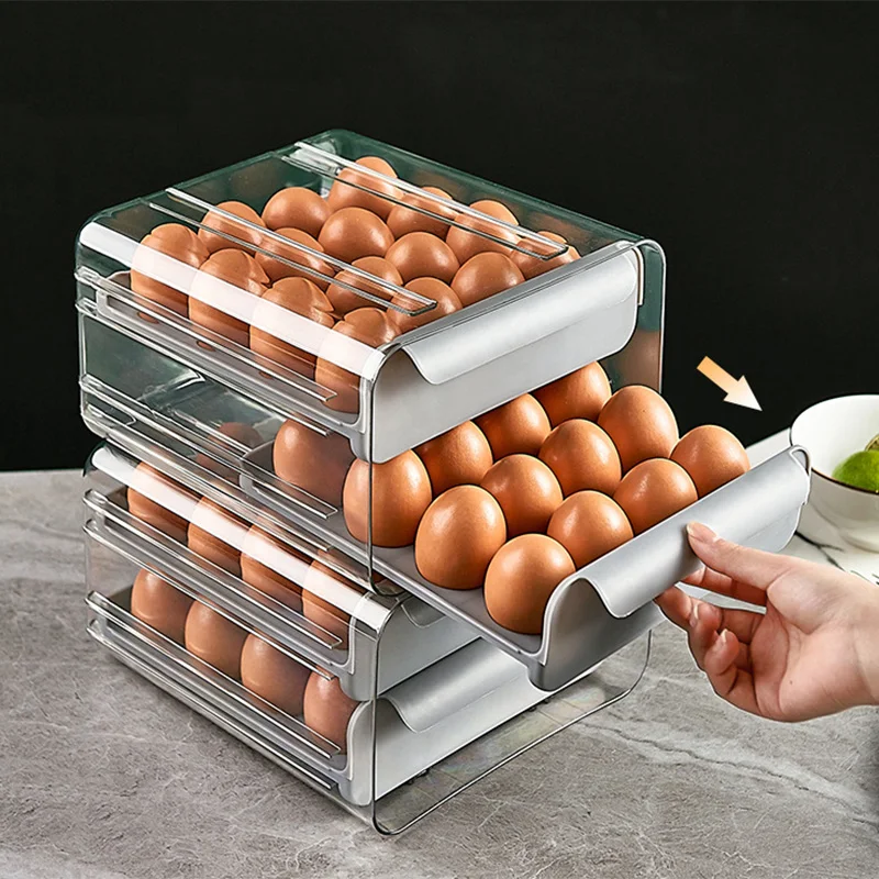 

Refrigerator Kitchen Egg Carton Clear Drawer Eggs Container Breathable, Double-layered Total 32 Compartments Support Stackable