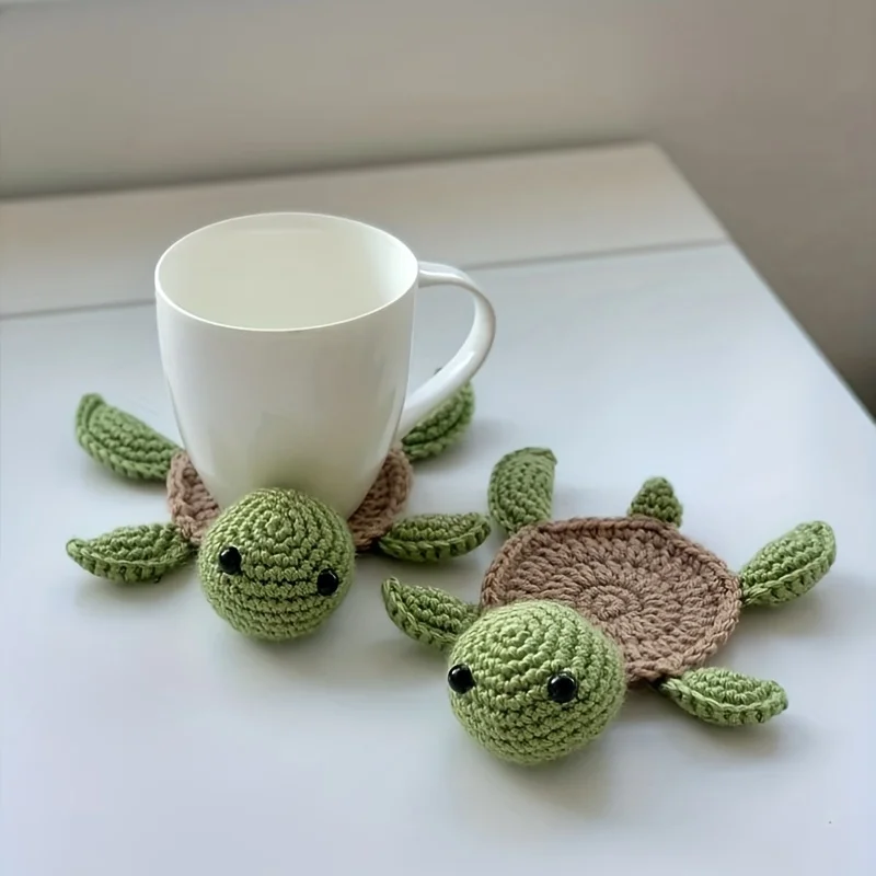 Handmade Crochet Turtle Coaster, Fun Animal Mug Rug, Creative Knitting Housewarming Gift, Home Decor