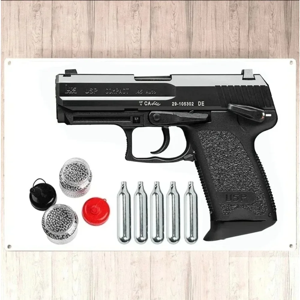 2D Flat Aluminum Decorative Vintage Air Pistol USP Sign CO2 Blowback 4.5mm BBS Wall Art for Home Man Cave Garage