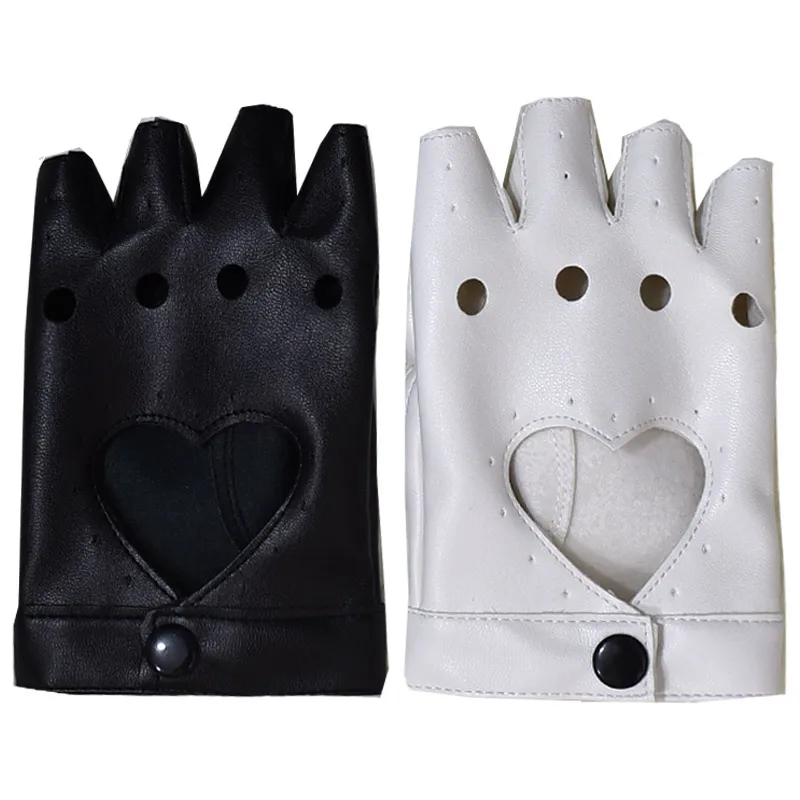 Hot Girls Street Fashion Hip-Hop Rock Love Hollow Out Rivets Black Leather Gloves Women Goth Lolita Motorcycle Fingerless Gloves