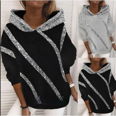 Inig – sweat-shirt à capuche à paillettes pour femme, Long, Sve, motif à rayures scintillantes, Fiber de Polyester, Streetwear décontracté