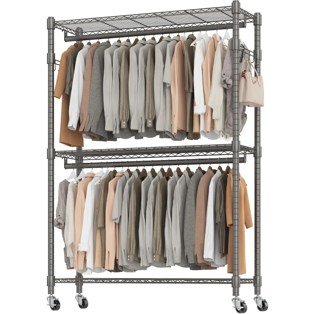 

BATHWA Heavy Duty Garment Rack on Wheels, Rolling Clothes Racks for Hanging Clothes, Simple Sturdy Wardrobe Rack with Double