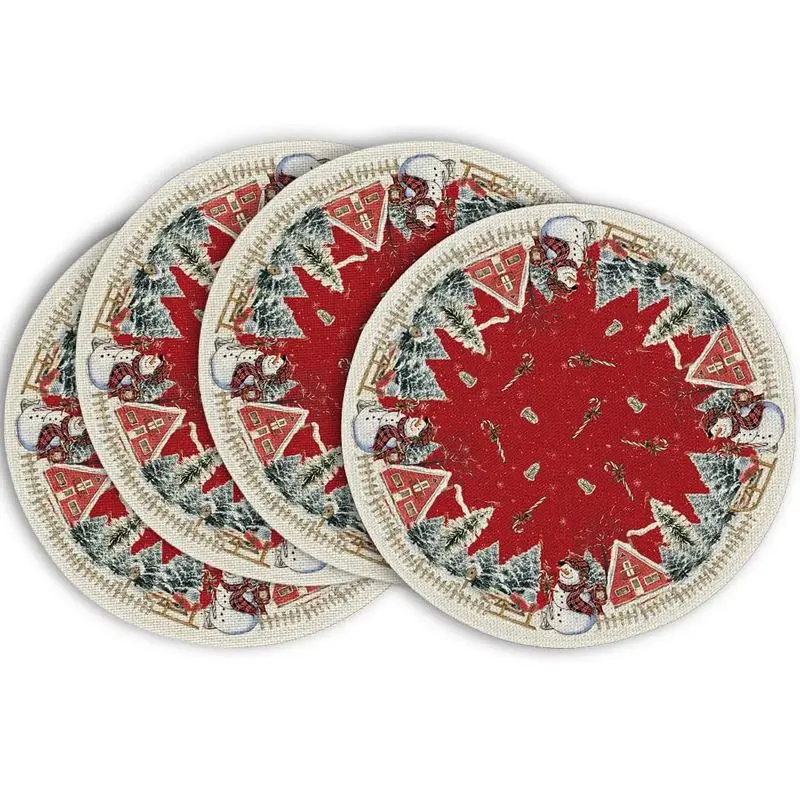Red Christmas Snowflake Border Round Christmas Placemat, Wear-Resistant Plate Mat for Home Dining Table Decoration
