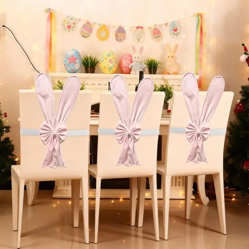 2025 New Fabric Bunnies Ears Chair Cover with Elastic Band Rabbit Ears Chair Bows Ornament for Easter Event and Spring