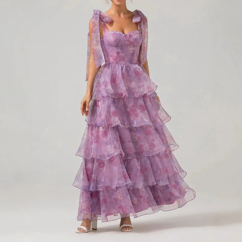 

Spring and Summer New Sleeveless Fashion Floral Suspender Off-the-shoulder Lace-up Swing Dress Organza Dress