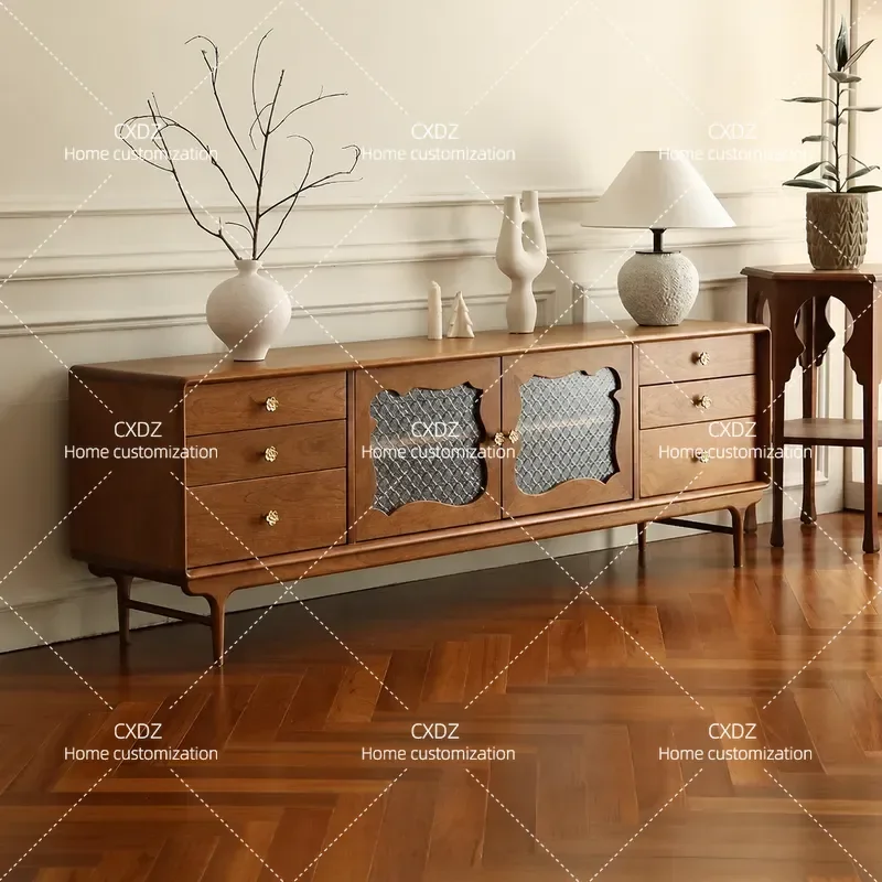 French Retro Solid Wood TV Cabinet Cherry Wood Simple Nordic Style Small Apartment Coffee Table Combo Floor Side Storage Unit