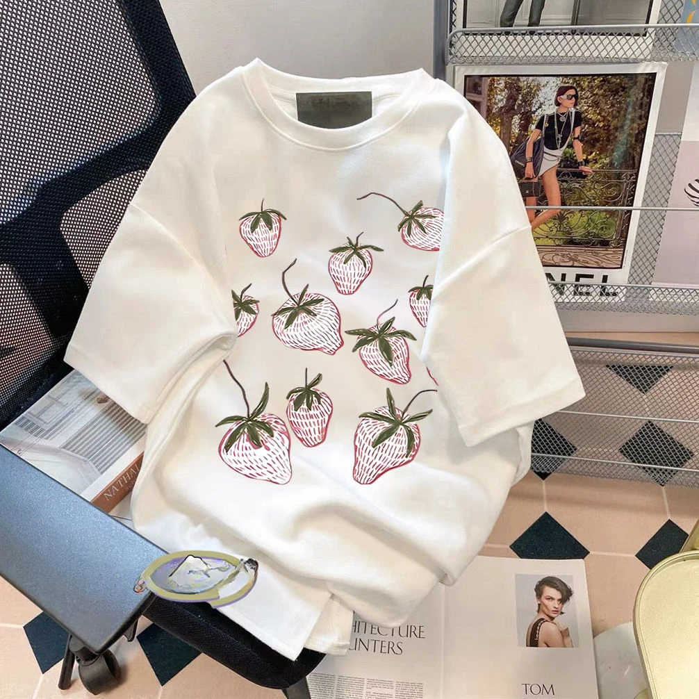 Korejpaa Korean Fashion Women T Shirts 2025 Summer New Strawberry Printed Short Sleeved T-shirt Hong Kong Style Casual Tops