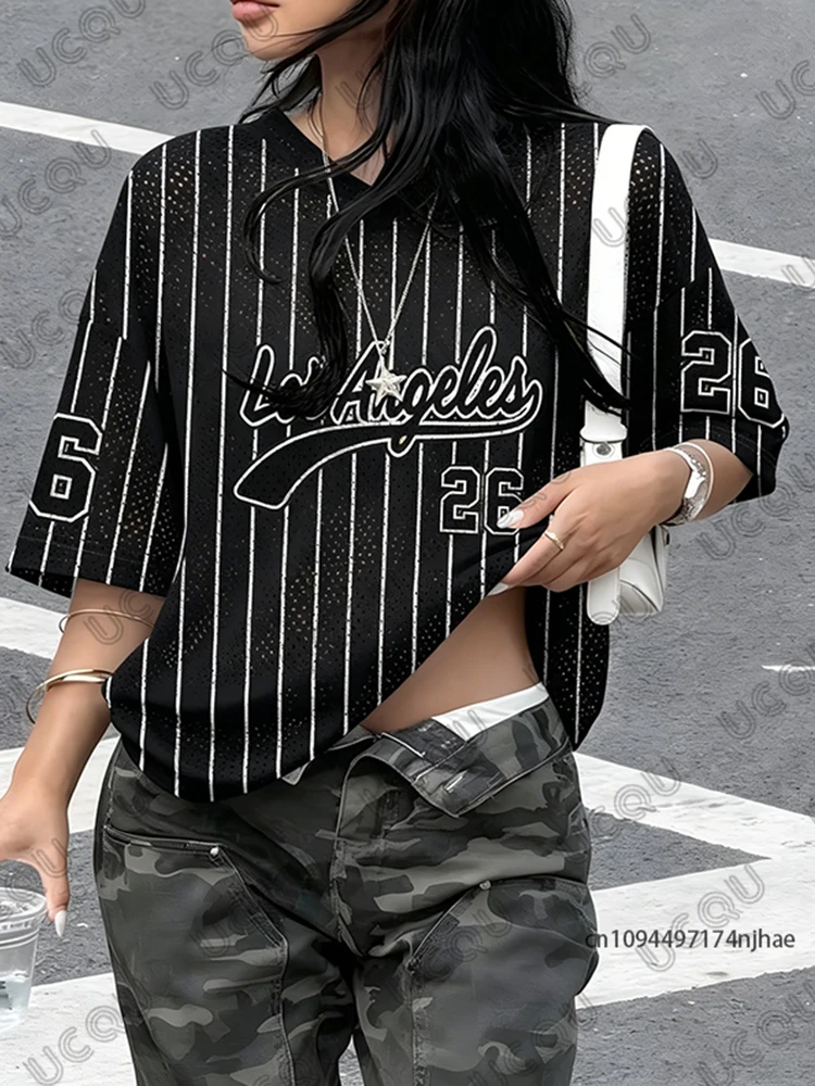 Sommerliches neues Los Angeles Nr. 26 Print-T-Shirt für Damen, V-Ausschnitt, Kurzarm, Sport-T-Shirt, Fußballtrikot, Y2K, locker geschnittenes Oversize-Oberteil – Detail 5