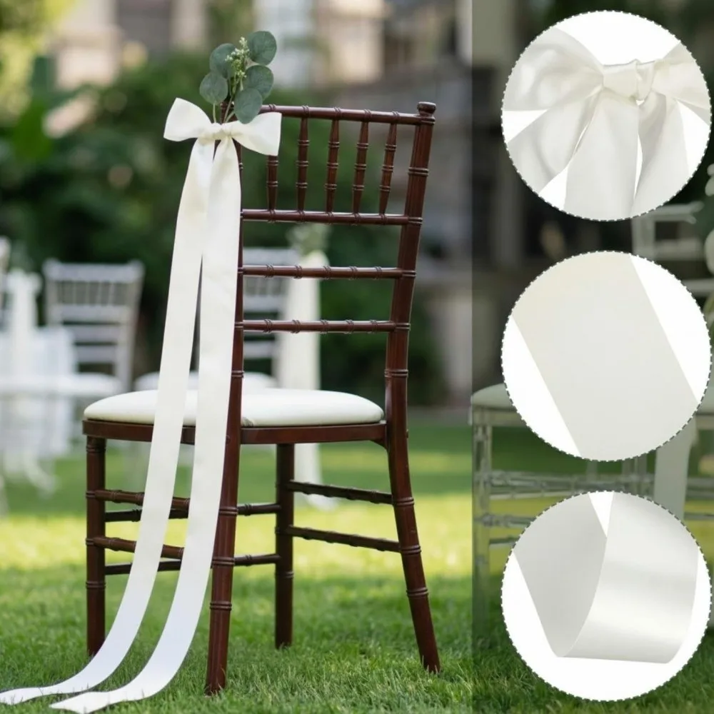 1/4 Sets Satin Bows Artificial Eucalyptus Chair Sashes Long Tails Green Leaf Chair Decorative Strap Bows Chair Ribbon Bows