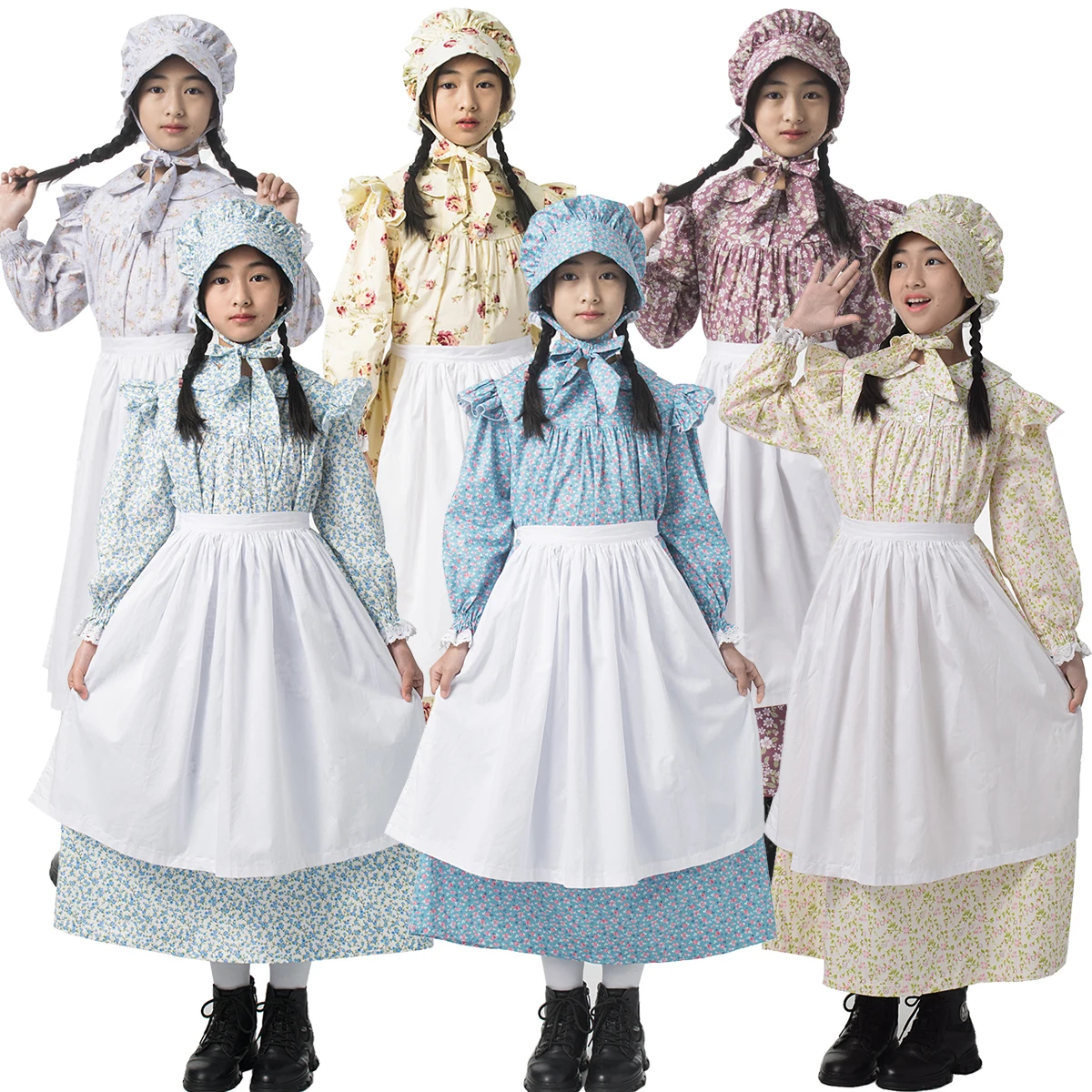 Vestido pionero, disfraz histórico Colonial, Vintage, Floral, pradera, peregrino, pueblo, carnaval, fiesta, trajes de hadas
