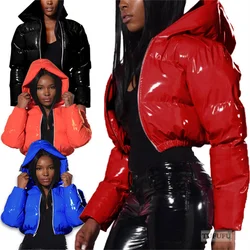 Fashion Cute Women Bright PU Pink Puffer Jacket Winter Warm Bubble cappotti parka in pelle lucida Down Zipper Cropped Jackets parka