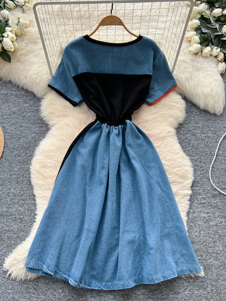 الرجعية الراقية الشعور اللون Blo جولة Ne ort Sve إلكتروني طباعة الدنيم الدكتور المرأة الخصر Cinching تنورة غير رسمية #4