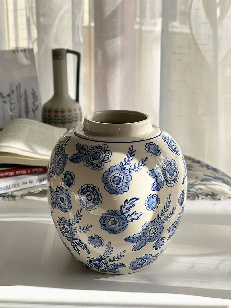 

Blue And White Porcelain Ceramics Flower Vase New Chinese Style Village Pastoral Hand drawn Blue Flowers Vases Home Decor