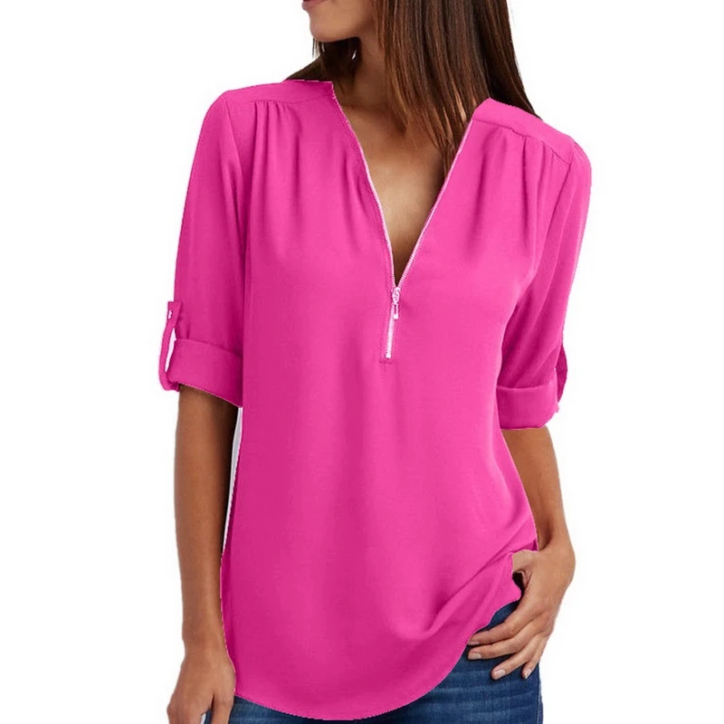 

Ladies V-Ne Zip-Up Chiffon irt Svel Long Sve Street Sle Pure Color Straight Cut Polyester Casual irt