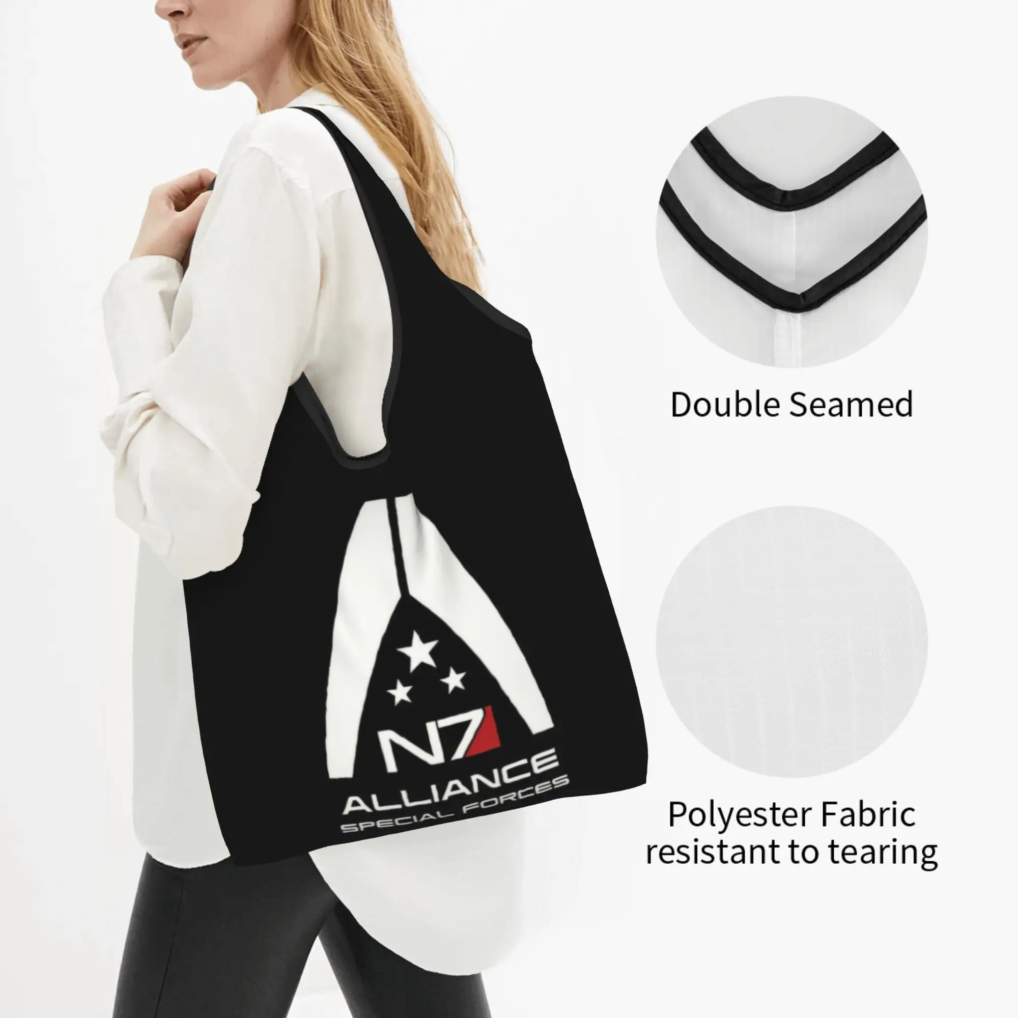 Recycling Mass Effect Shopping Bag Women Tote Bag Portable Alliance Special Forces N7 Groceries Shopper Bags